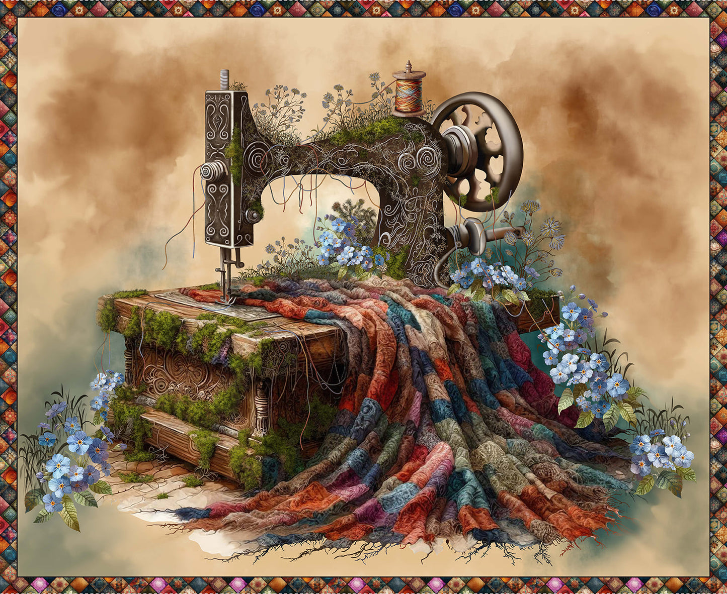 Forget Me Not - Vintage Sewing PANEL 91x112 cm (36x44") - Price per panel
