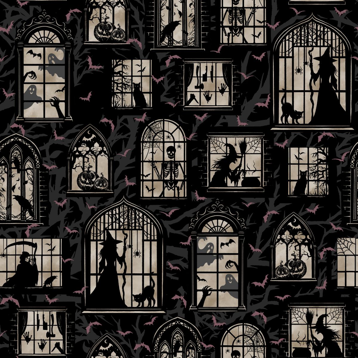 Darkly Enchanted - Mansion Windows with Spooky Silhouettes - Charcoal