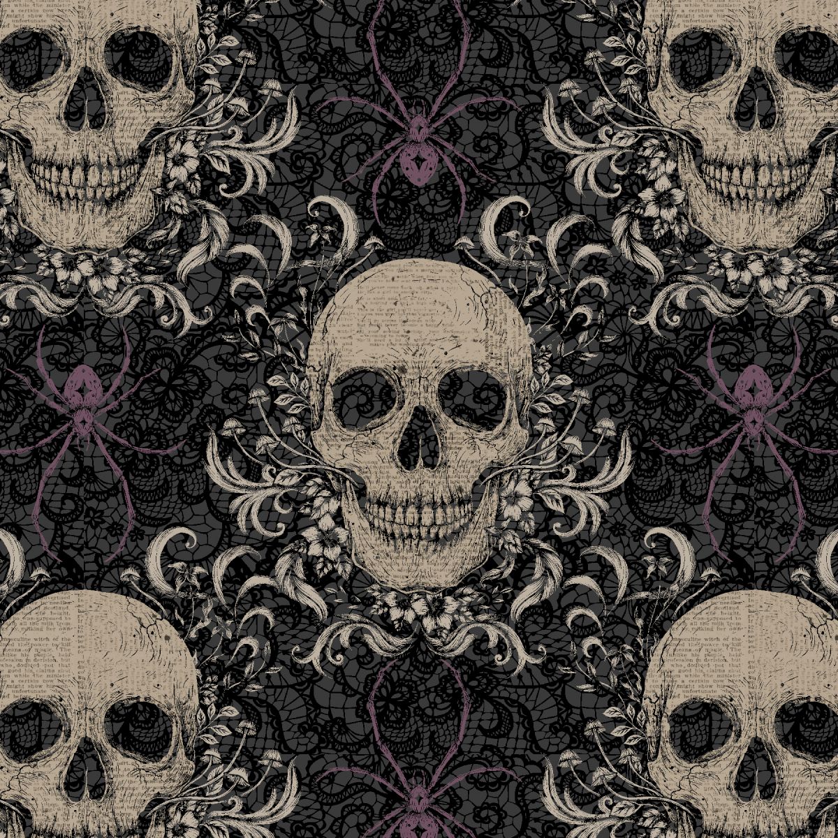 Darkly Enchanted - Skull and Spider Damask - Charcoal