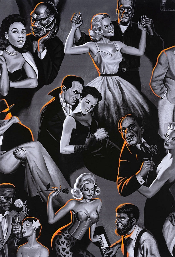 Nicole's Prints - Scream Date Pin Up Horror Monsters - Grey