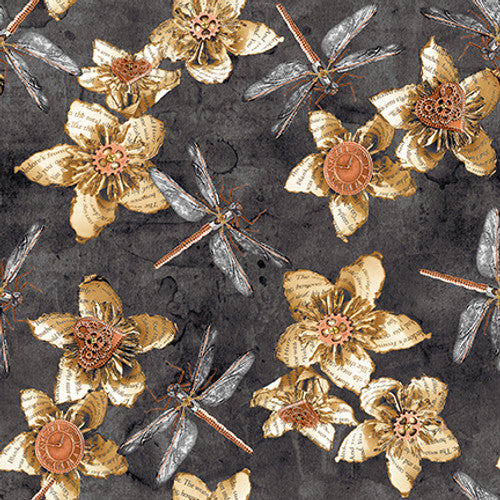 Full Steam Ahead - Flowers with Dragonflies - Charcoal