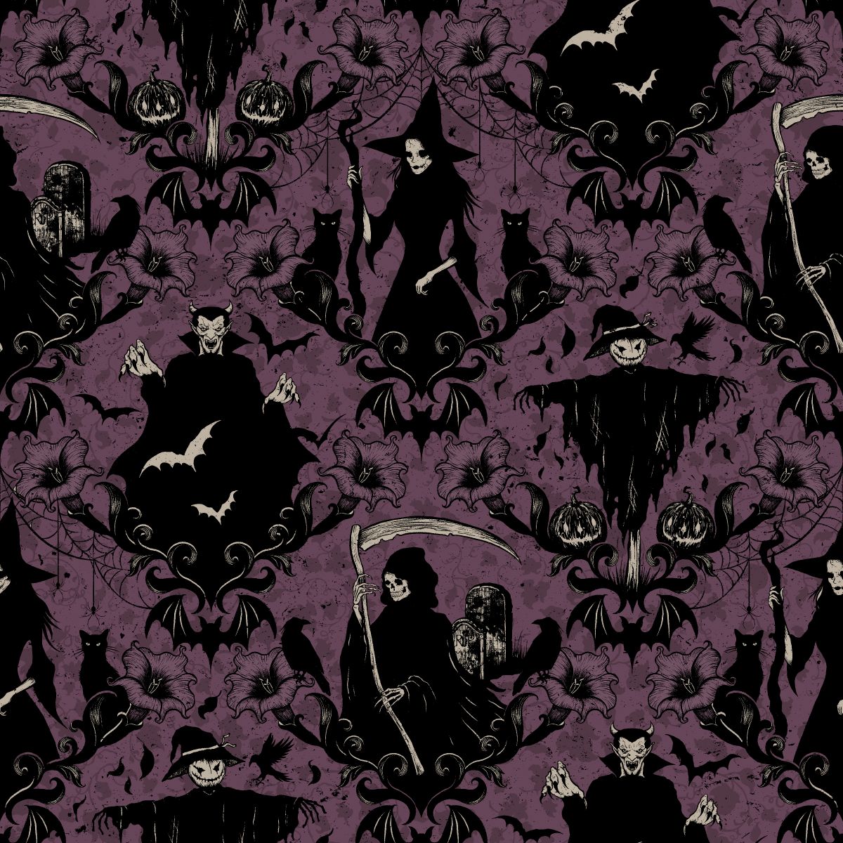 Darkly Enchanted - Damask with Witch, Scarecrow, and Grim Reaper - Plum