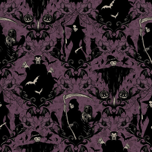 Darkly Enchanted - Damask with Witch, Scarecrow, and Grim Reaper - Plum