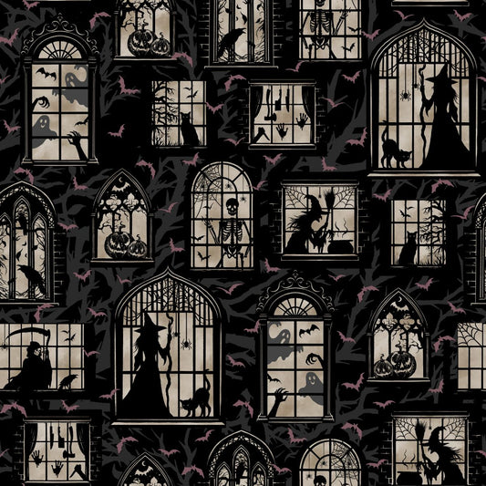 Darkly Enchanted - Mansion Windows with Spooky Silhouettes - Charcoal