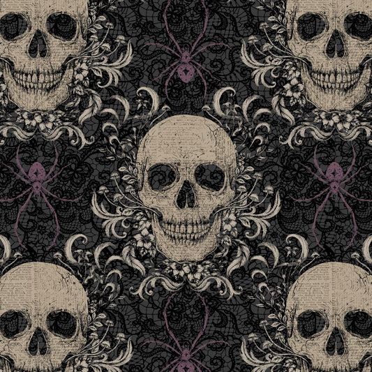 Darkly Enchanted - Skull and Spider Damask - Charcoal