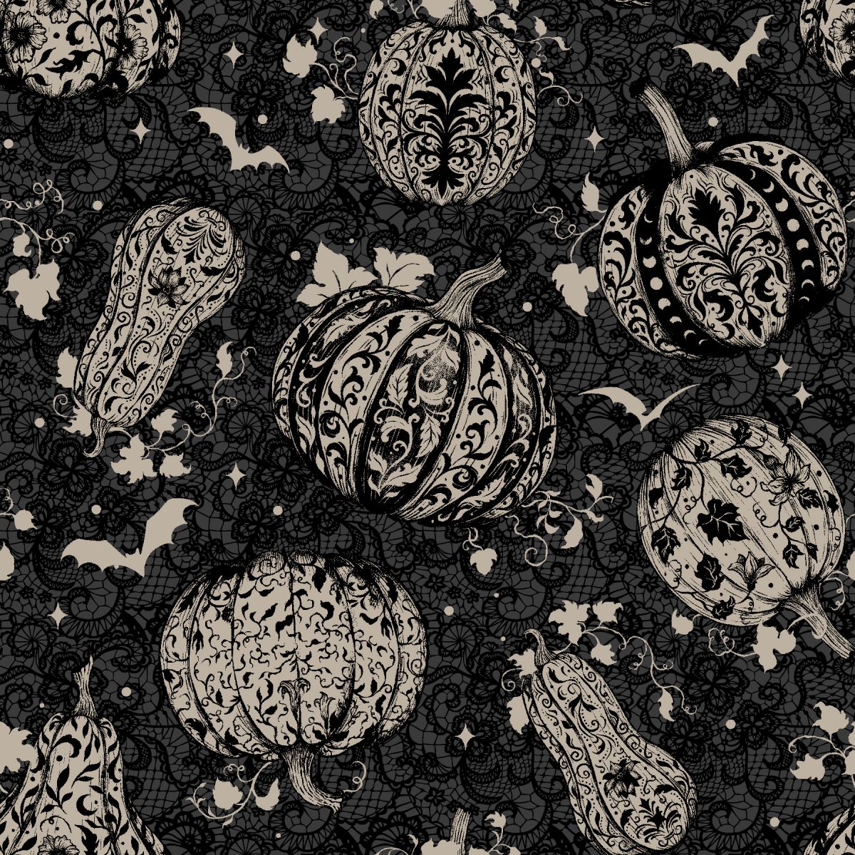 Darkly Enchanted - Pumpkin and Bat Damask - Charcoal