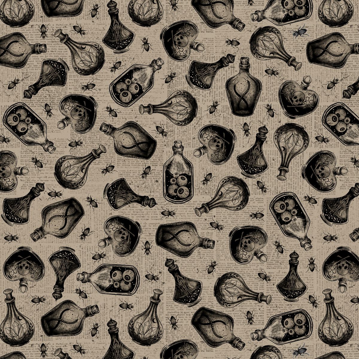 Darkly Enchanted - Potion Bottles on Newsprint - Taupe