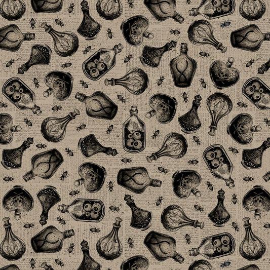 Darkly Enchanted - Potion Bottles on Newsprint - Taupe