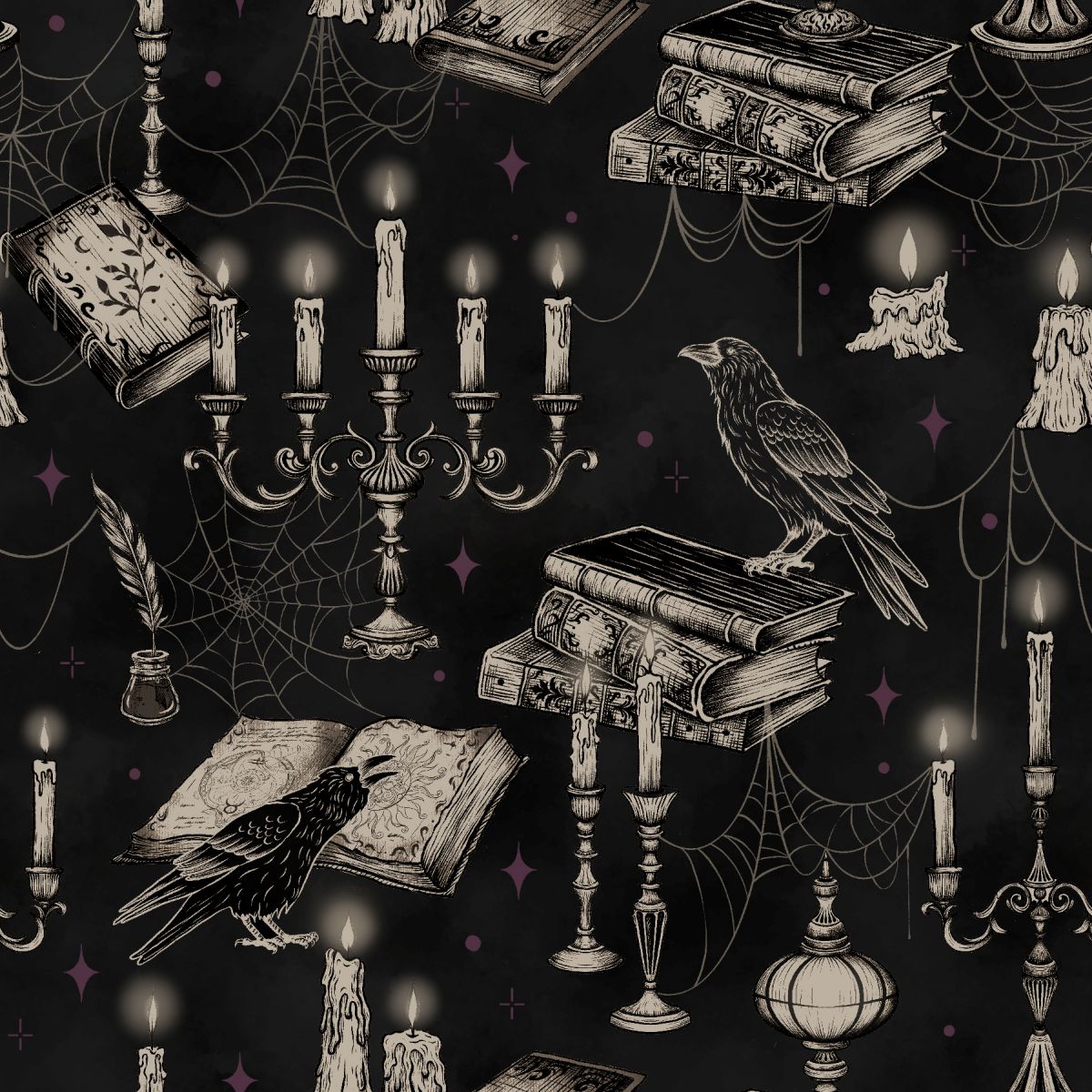 Darkly Enchanted - Candelabras with Books and Crows - Charcoal