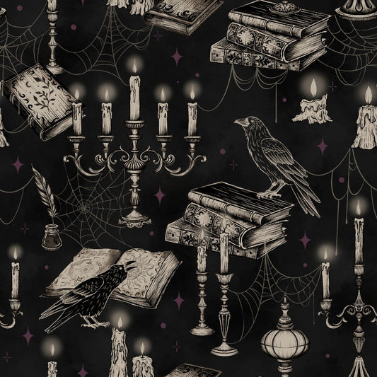 Darkly Enchanted - Candelabras with Books and Crows - Charcoal