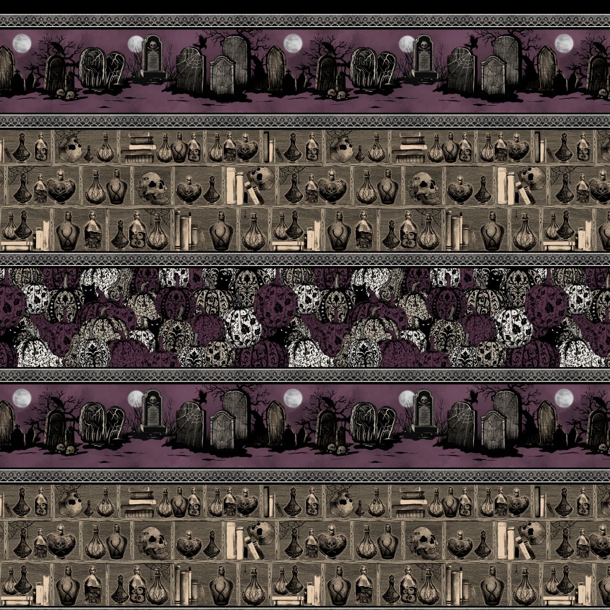 Darkly Enchanted - Stripe with Pumpkins, Cemetery, and Potion Shelf