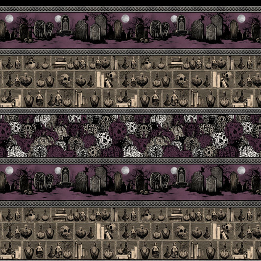 Darkly Enchanted - Stripe with Pumpkins, Cemetery, and Potion Shelf
